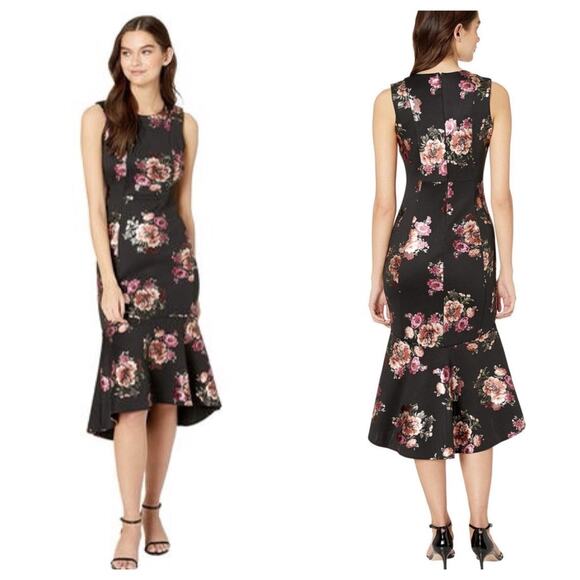 BEBE Dress NBlack Floral Metallic Princess Seam Midi Dress Womens Size 2 $149 - Picture 2 of 4